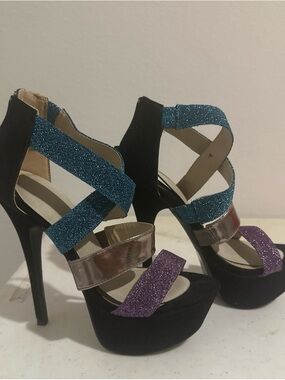 Shoe Dazzle Black Platform Heels with Blue and Purple Glitter Straps